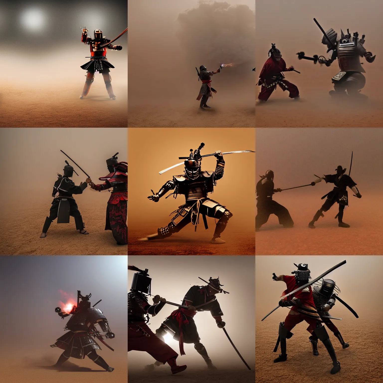 Prompt: samurai fighting a robot in a dust storm