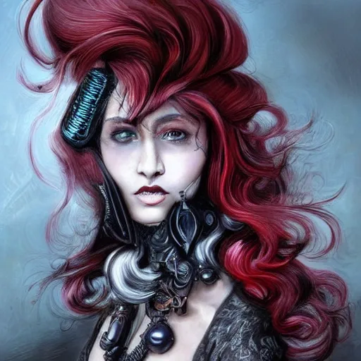 Prompt: portrait, headshot, insanely nice hair style, dramatic hair color, digital painting, of a old 17th century, old cyborg lawyer, Ruby's and Diamonds, black pearls, baroque, ornate clothing, scifi, realistic, hyperdetailed, chiaroscuro, concept art, art by Franz Hals and Jon Foster and Ayami Kojima and Amano and Karol Bak,
