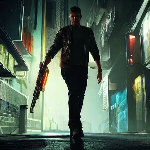 Image similar to a detailed sci fi concept art of an extremely handsome jensen ackles as the terminator walking down a dark alley in cyberpunk 2 0 7 7, holding two sawed off shotguns, volumetric lighting, octane render, 8 k, art by greg rutkowski and albert bierstadt and alphones mucha