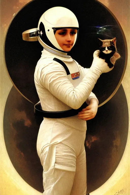 Image similar to portrait of a cat astronaut with armor and helmet, by bouguereau