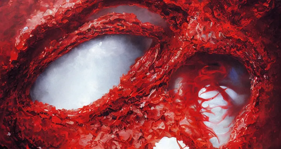 Image similar to a volcano made of ivory vines and crimson rocks enters in eruption, it spits a smoke in the shape of demonic eye, by Rob Hefferan