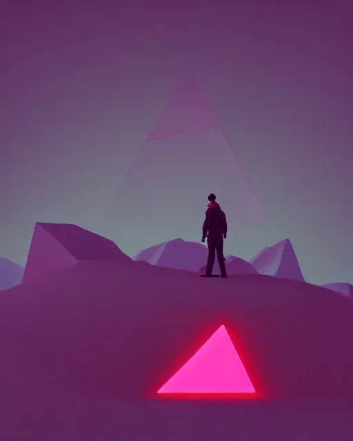 Prompt: a man standing in the middle of a mountain with a glowy neon triangle, a render by filip hodas, behance contest winner, environmental art, rendered in cinema 4 d, volumetric lighting