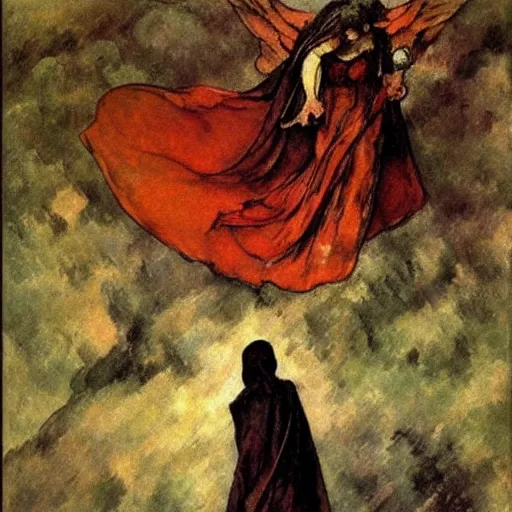 Prompt: aesthetically pleasing image of the whitewinged angel of death wearing a crimson and black robe descending on the lonesome faceless phantoms in their graves paul cezanne arthur rackham norman rockwell oil painting