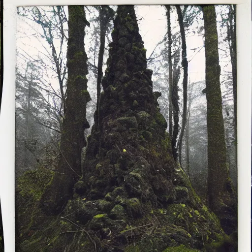 Image similar to a mossy rock pyramid in the middle of a forest clearing, foggy, eerie, creepy, unsettling, lost footage, old polaroid, expired film,