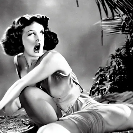 Prompt: the image is a lost action hollywood film still 1 9 3 0 s photograph of a tropical theme pinup actress reacting to a sudden death scene. vibrant cinematography, anamorphic lenses, crisp, detailed image in 4 k resolution.