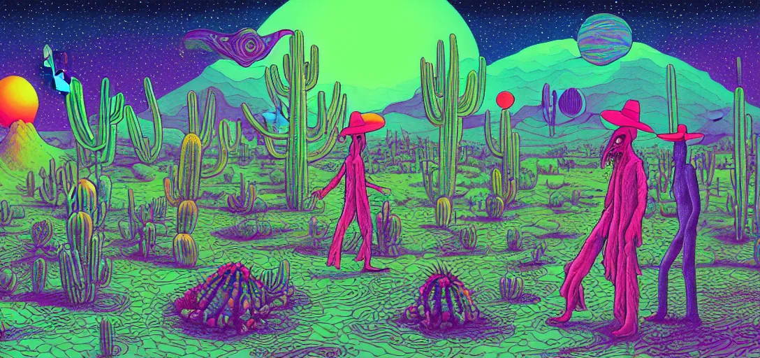 Prompt: A hand drawn digital still of mystical desert with strange ethereal creatures and cactus with a psychedelic night sky, A alien with a sombrero is walking thru the desk drunk drinking a beer in the style of Alex Grey and Moebius, risograph, Artstation HD, 8k, Surrealistic digital artwork,