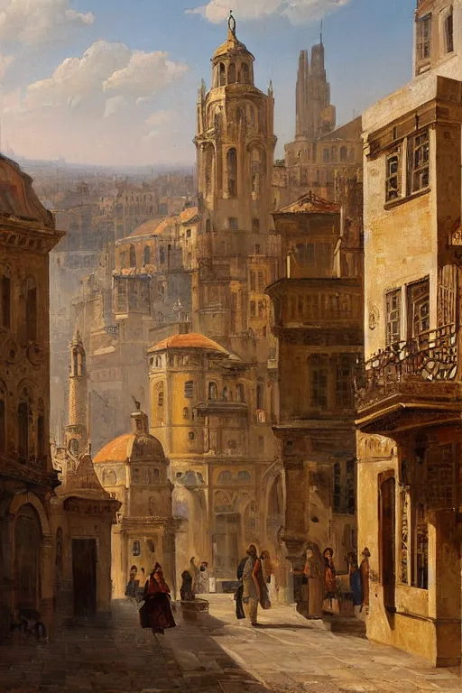 Prompt: painting of view of old European city with mix of middle eastern architecture fusion, photoreal, morning city view , painting by Charles Leickert , old master painting