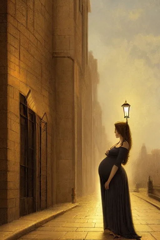 Image similar to pregnant woman under street light, highly detailed, sharp focused, ultra realistic digital concept art by Edmund Blair Leighton