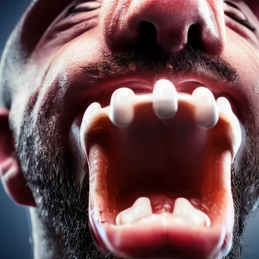 Image similar to extreme closeup photo of a man with a very wide open mouth with a skull inside his mouth, 3D render,subsurface scattering,global illumination,raytracing,studio lighting,cinematic,photorealistic,4k, UHD, HDR