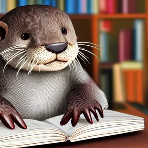 Image similar to a cute otter reading a book at a school desk, hyperrealistic, dynamic lighting