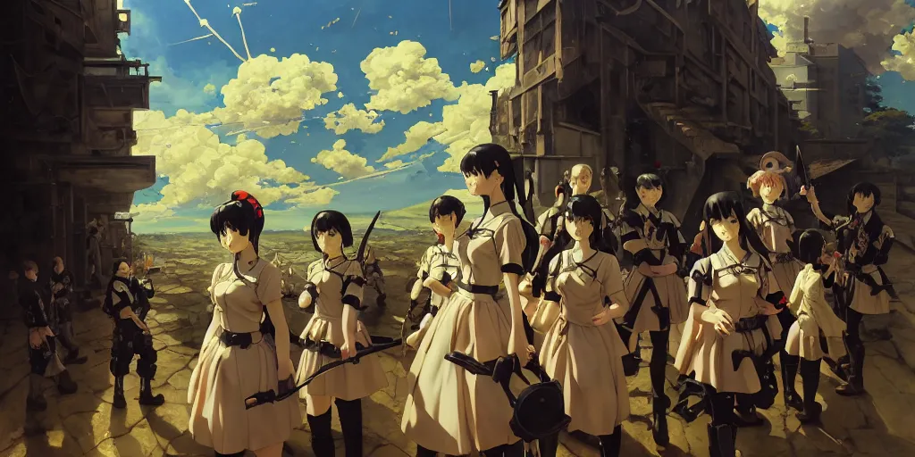 Image similar to baroque oil painting of key visual environment concept art, anime maid army division, nazi military ss uniform, brutalist fantasy, rule of thirds golden ratio, fake detail, trending pixiv fanbox, acrylic palette knife, style of makoto shinkai ghibli takashi takeuchi yoshiyuki sadamoto jamie wyeth james gilleard greg rutkowski chiho aoshima