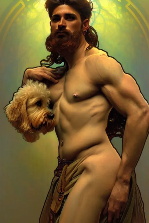 Image similar to portrait of dog as god by greg ruthkowski, alphonse mucha and craig mullins, gorgeous, amazing, flowing hair, muscular, very muscular male body, intricate, highly detailed, 8 k, digital painting