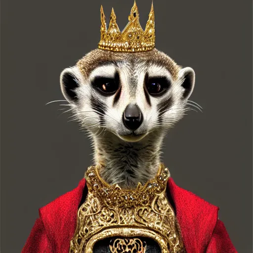 Image similar to detailed photorealistic painting of a meerkat wearing a highly detailed ornamented gold crown with diamonds, in a medieval knight armor with red cape , sharp focus in the style of ruan jia, Mandy jurgens, cinematic light, concept art, trending on artstation, ultra realistic