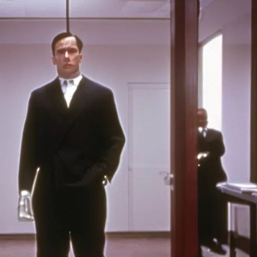 Image similar to film still, Oswald Spengler in American Psycho suits