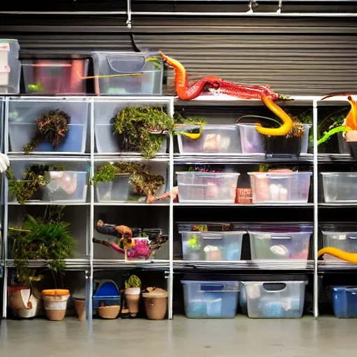 Image similar to garage with carnivorous plants on the shelves and packing peanuts on the floor, scene from tv show hyper detailed 5 5 mm 8 5 mm, low - light photography by tyler mitchell, made out of plastic