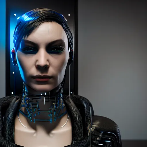 Image similar to evil cyberpunk villain, highly detailed, photorealistic portrait, bright studio setting, studio lighting, crisp quality and light reflections, unreal engine 5 quality render