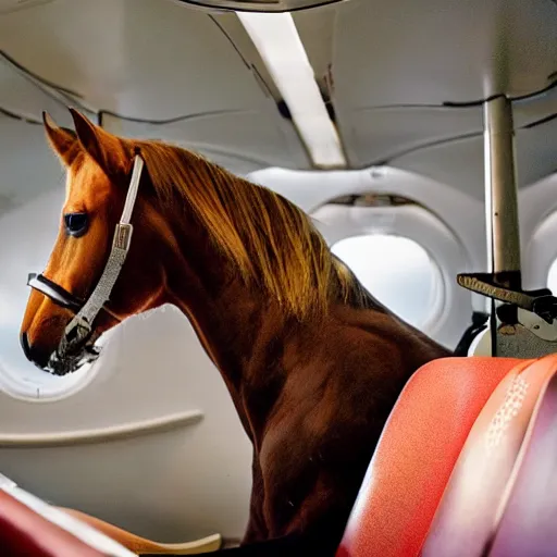 Prompt: a horse sits in an airplane seat and looks out the luminaire