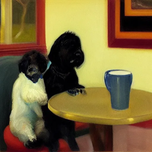 Image similar to Black Goldendoodle with a bright face and a puppy sitting at a diner drinking a cup of coffee, looking melancholy, edward hopper