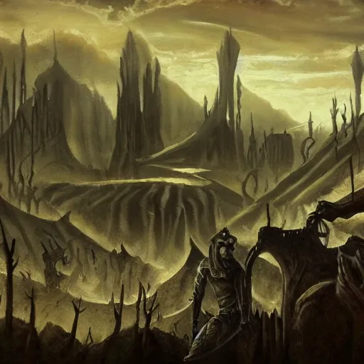 Image similar to big dark landscape, fantasy world, chilling overwhelming oil painting, brutal unforgiving creatures waiting in the shadows, hopeless and dreadful sounds of tortured people