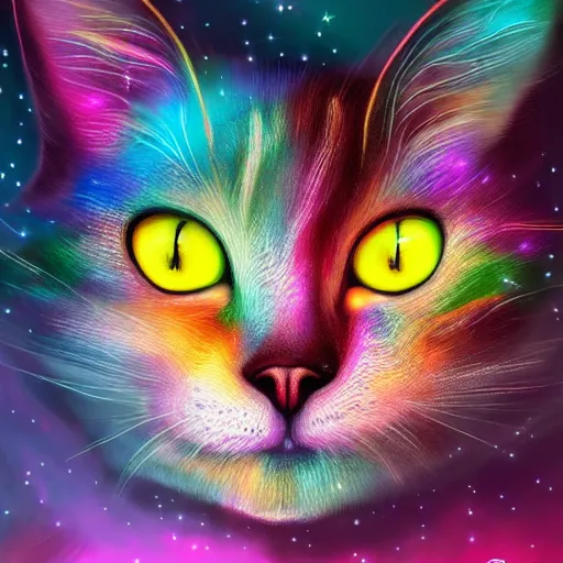 Prompt: colorful galaxy that looks like a cat face, high detail, digital art, beautiful , concept art,fantasy art, 4k