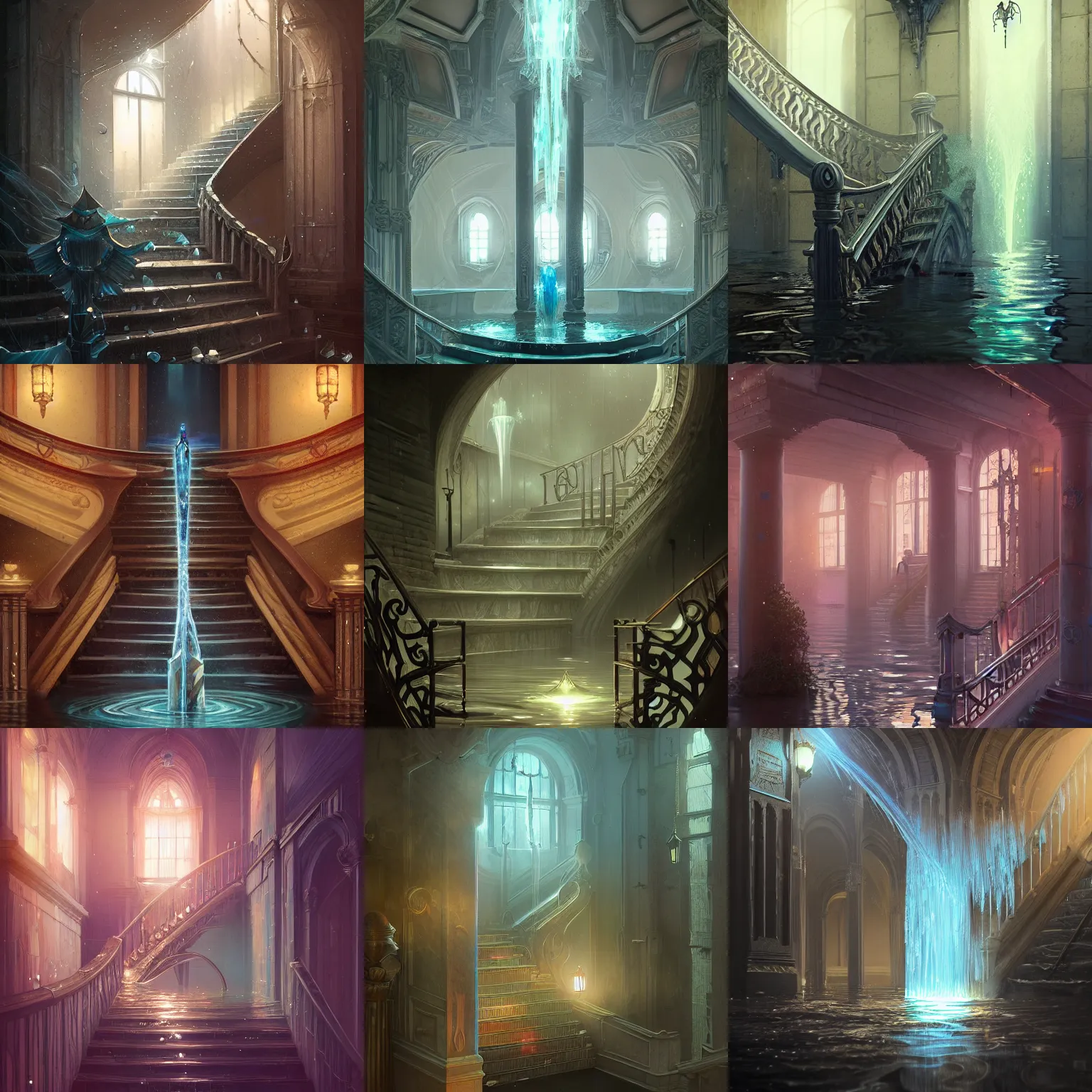 Prompt: beautiful flooding victorian stairwell, water flowing from side of pillars, crystals, light dust, by peter mohrbacher dan mumford craig mullins nekro, cgsociety, pixiv, volumetric light, 3 d render