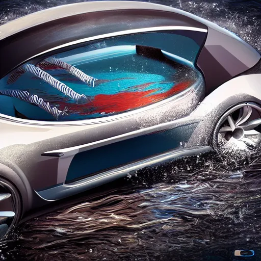 Image similar to swimming car, underwater car, concept design, 8k, digital art