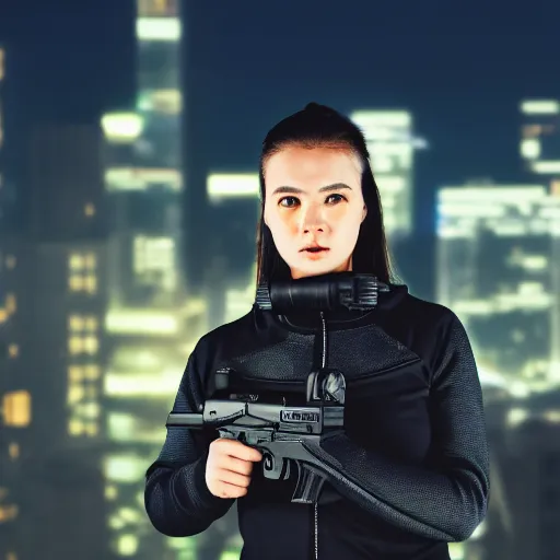 Image similar to photographic portrait of a techwear woman holding a Glock 18, closeup, on the rooftop of a futuristic city at night, sigma 85mm f/1.4, 4k, depth of field, high resolution, 4k, 8k, hd, full color