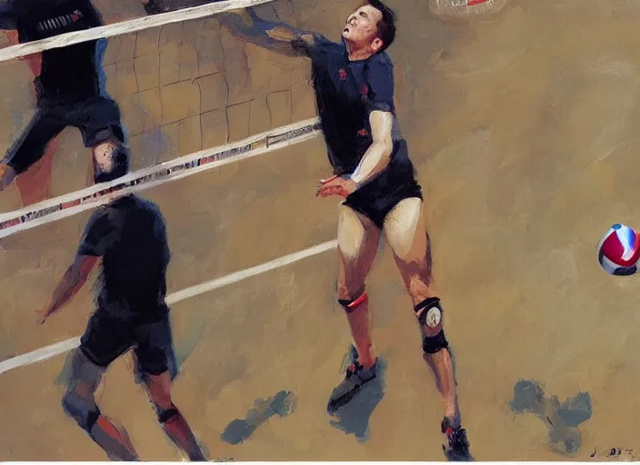 Prompt: a highly detailed beautiful portrait of elon musk playing voleyball, by gregory manchess, james gurney, james jean