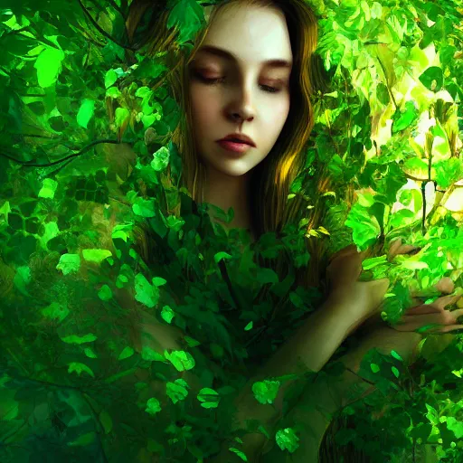 Prompt: a highly detailed digital rendering of a young woman surrounded and engulfed in green leaves, artstation, detailed woman, stunning volumetric lighting, elegant, fantasy, 4k