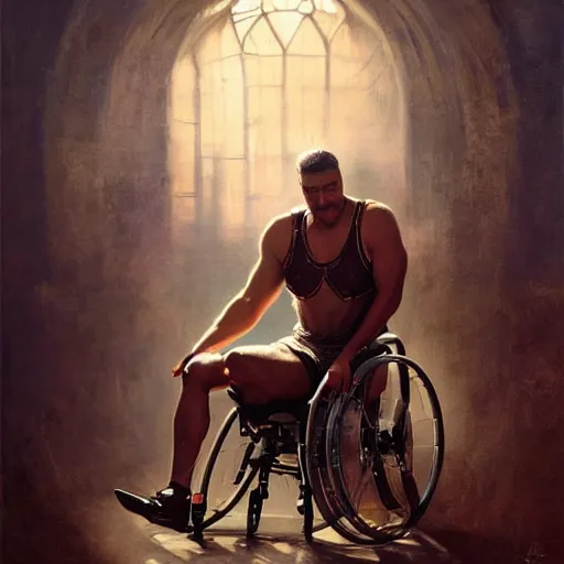 Image similar to handsome portrait of a wheelchair guy fitness posing, radiant light, caustics, war hero, playing wheelchair basketball, by gaston bussiere, bayard wu, greg rutkowski, giger, maxim verehin