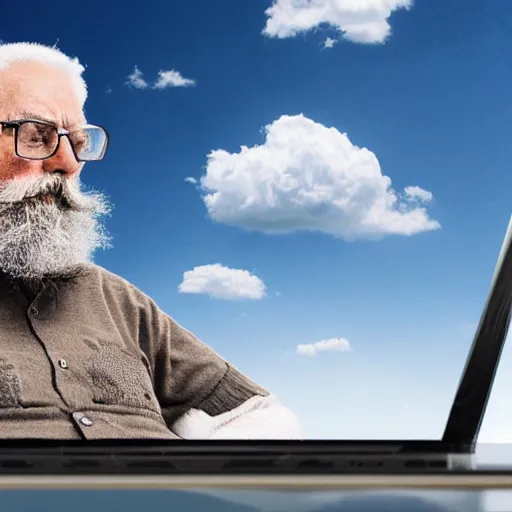 Image similar to realistic photo of a bearded old man sitting on a cloud in the sky using a desktop computer 3 5 mm hdr sunny