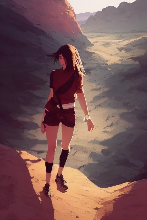 Image similar to a girl hiking in the desert, mid shot, fine - face, realistic shaded perfect anatomy, fine details. night setting. very anime style. realistic shaded lighting poster by ilya kuvshinov katsuhiro, magali villeneuve, artgerm, jeremy lipkin and michael garmash, rob rey and kentaro miura style, trending on art station