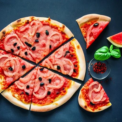 Prompt: pizza made from watermelon with seeds