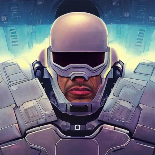 Image similar to dwayne johnson is robocop, digital painting, artstation, ristan eaton, victo ngai, artgerm, rhads, ross draws, anime styled