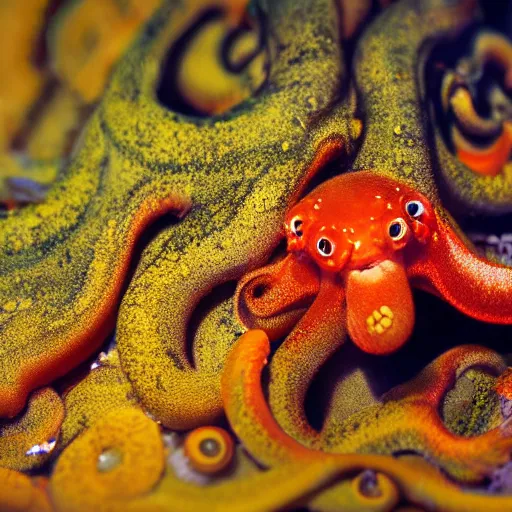 Image similar to fiery whimsical emotional eyes cephalopod, in a photorealistic macro photograph with shallow dof, in the deepest seas of the unconscious psyche