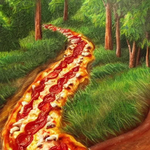 Image similar to highly detailed, high resolution, hyper realistic, 8 k, trending on artstation, landscape nature painting, trees made out of pizza, ground is made of cheese and pepperoni, waterfall made of marinara sauce