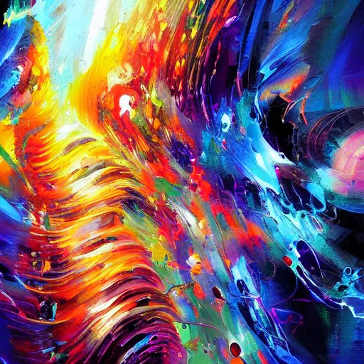 Image similar to two Artificial Intelligence fighting with brushes on a canvas to create the most beautiful painting ever, colourful oil painting, digital art, trending on artstation, highly detailed, futuristic,digital engine, luminous,