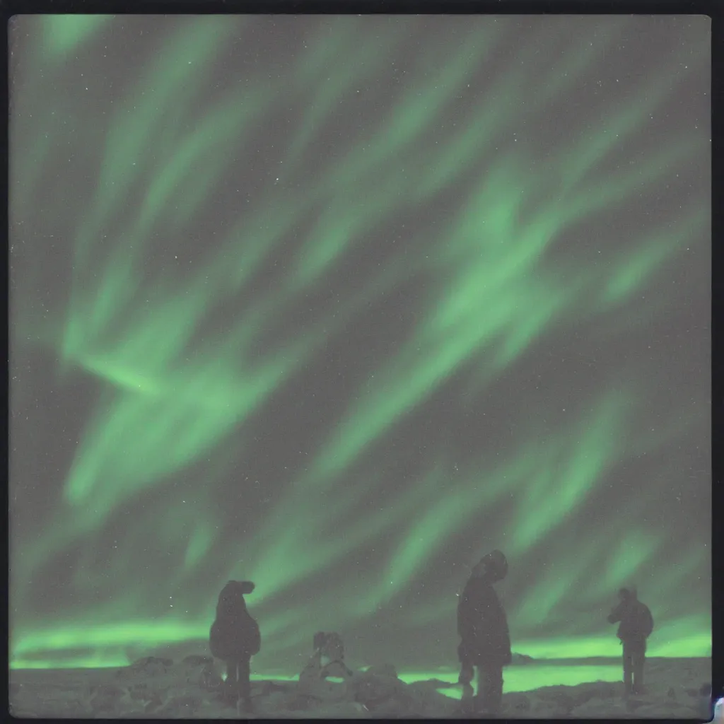 Prompt: polaroid photo of a clear UFO encounter in the artic, large black triangle with lights in each corner, aurora borealis, scientist pointing towards the object, HD scan,
