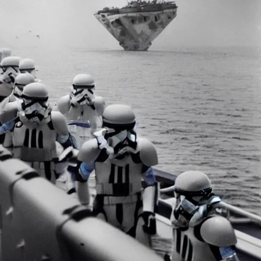 Prompt: stormtrooper army going inside star destroyer ship, long camera shot, ww2