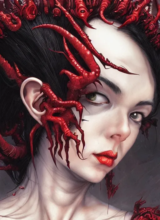 Prompt: a hyper detailed shoulder portrait of black haired girl with red eyes, the queen of blades, sideshow figurines, diablo 4 lilith, by yusuke murata, by hiroya oku, by dorian cleavenger, by tom bagshaw, by zdzisław beksinski, trending on artstation