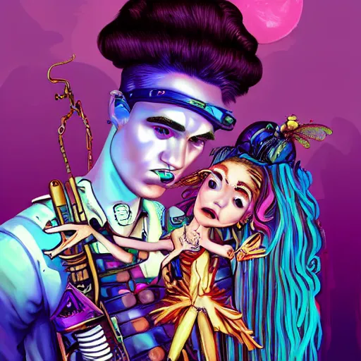 Image similar to surreal photorealistic cartoon art of grimes as a cosmic steampunk fairy holding a miniature elon musk prisoner. synthwave