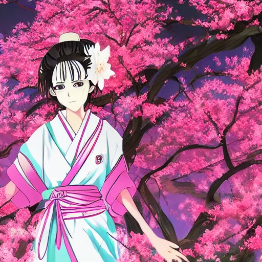 Prompt: advanced digital anime art of a girl wearing a kimono standing underneath a Sakura tree in the style of Tite Kubo