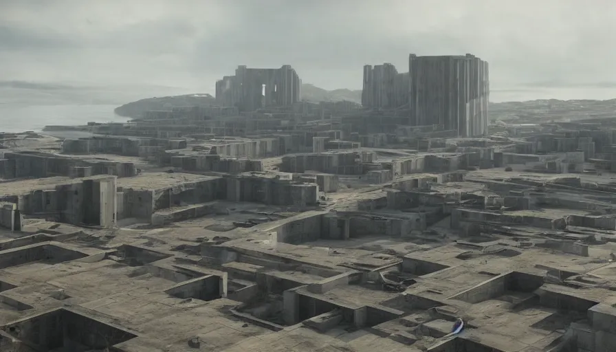 Image similar to big brutalist imperial military base on cliffs, drawing architecture, very long shot, top angle, imperial architecture in rogue one, pritzker architecture prize, brutalism architecture, jan urschel, roger deakins, greig fraser