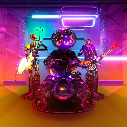Image similar to album art, bandname is robo rock, font is rock style, rockband with 3 cyberpunk robots playing guitar and drums, 8 k, flourescent colors, halluzinogenic, multicolored, exaggerated detailed, front shot, 3 d render, octane