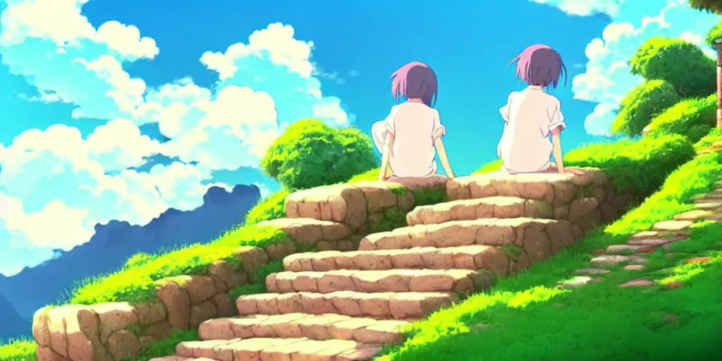 Image similar to the girl and the cat, sitting on stairs. morning in a small village in the mountains, rocky roads, beautifull puffy clouds. anime, studio ghibli. intricate, beautiful, cinematic