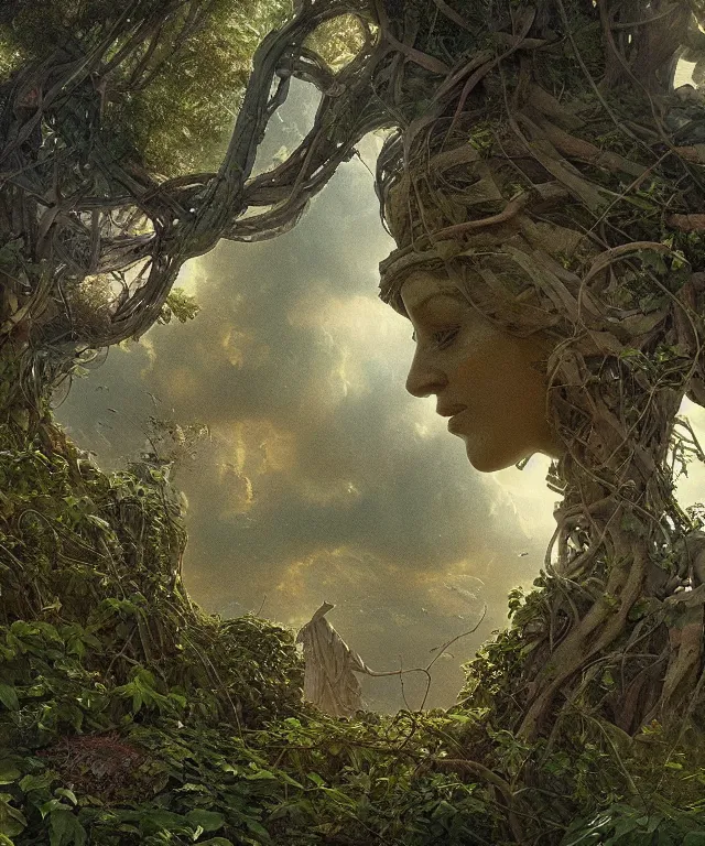 Image similar to highly detailed digital matte painting of an overgrown, abandoned, damaged Lady of Liberty, taken back by nature, vines. Full shot. By Raphael LaCoste and Ruan Jia and Robert McCall, postcyberpunk, geodesic dome, hyperdetailed, sunrise, wide shot, autochrome, octane render