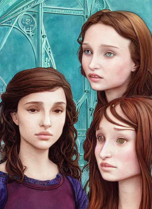 Image similar to well - lit art nouveau face portrait of a 1 3 - year old girl wih resembles natalie portman and emily browning acting shy on a bridge, natural lighting, path traced, highly detailed, high quality, cartoon, digital painting, by don bluth and ross tran and studio ghibli