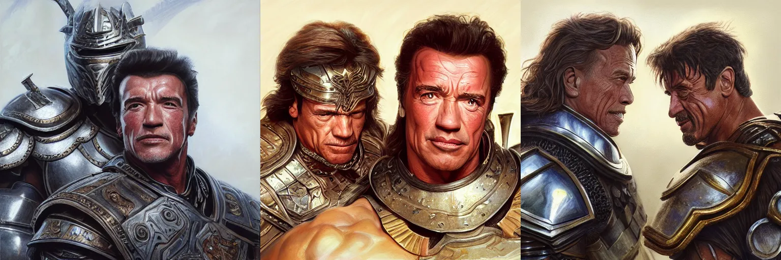 Prompt: portrait of Arnold Schwarzenegger and Sylvester Stallone wearing armor, D&D, fantasy, elegant, intricate, headshot, highly detailed, digital painting, artstation, concept art, sharp focus, illustration, art by artgerm and greg rutkowski and alphonse mucha