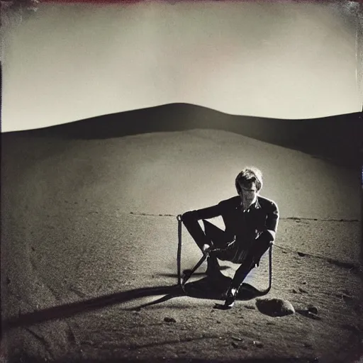 Image similar to wetplate photography, david bowie riding a spider on mars