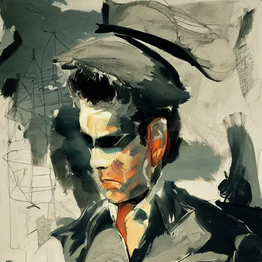 Prompt: portrait of corto maltese dreaming about valparaiso, by dave mckean and yoji shinkawa, oil on canvas